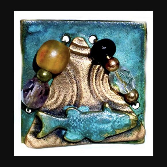 OOAK ARTIST MADE TURQUOISE GOLD SQUARE EARRINGS - Picture 2 of 2